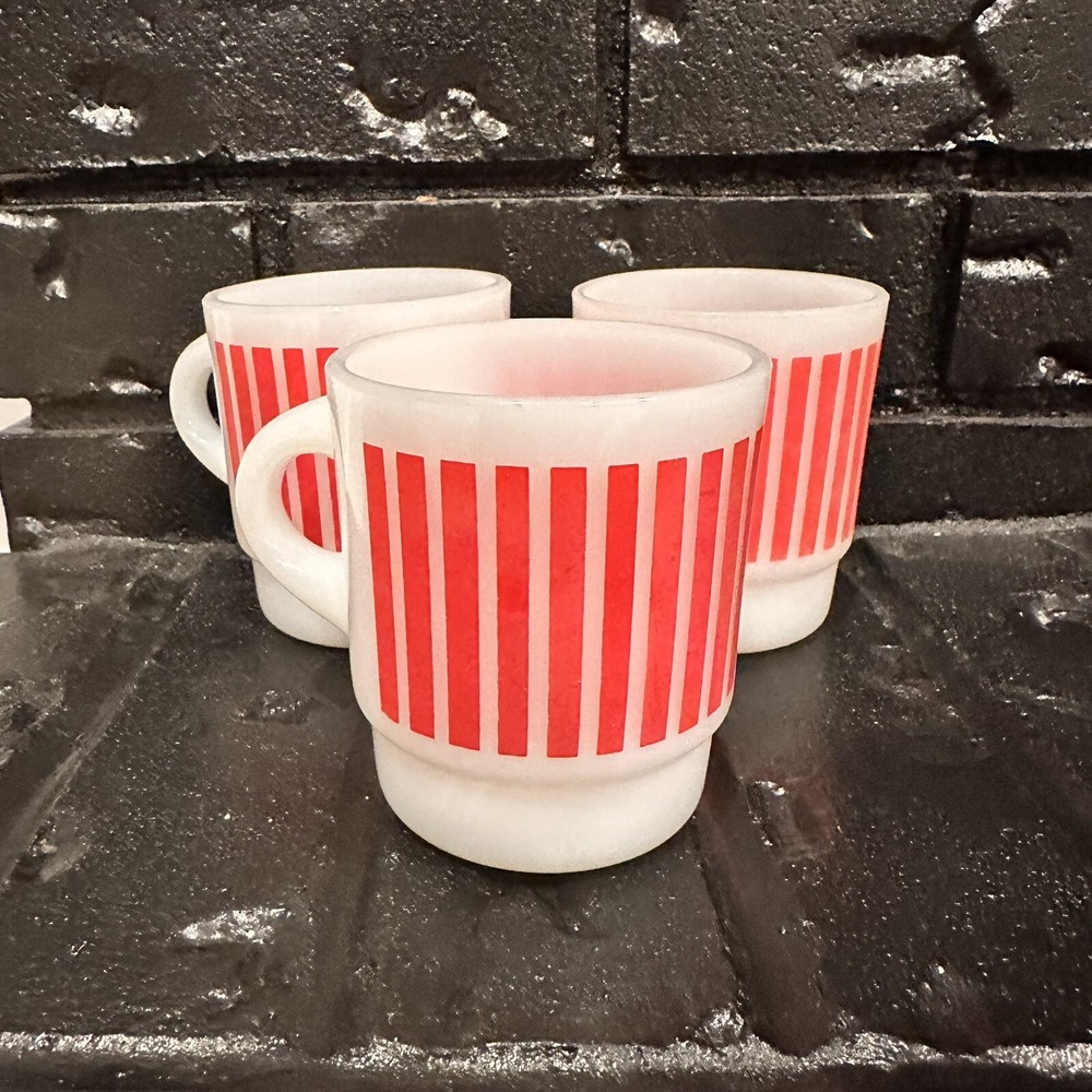 3x Fire King Anchor Hocking 1950s Red Stripe Mug Stack C Handle Candy Stripe
